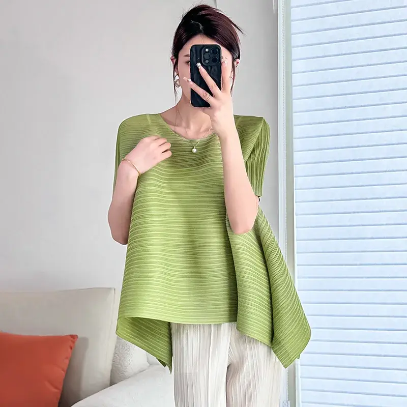 2025 Pleated High-End Loose T-Shirt Fashionable Slimming Versatile Meat-Covering Spring Summer Thin Women's Crew Neck Short Slee