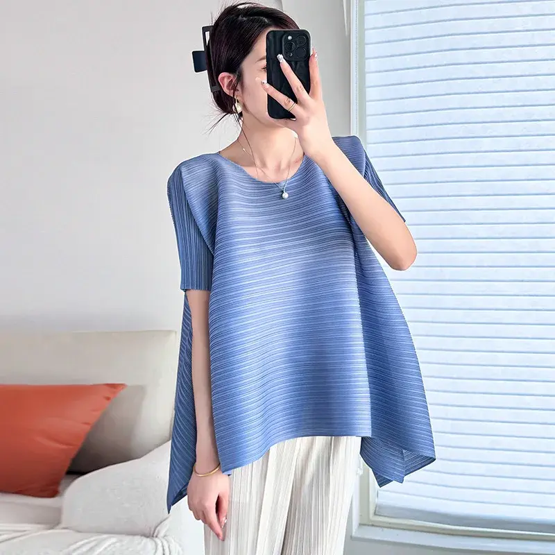 2025 Pleated High-End Loose T-Shirt Fashionable Slimming Versatile Meat-Covering Spring Summer Thin Women's Crew Neck Short Slee