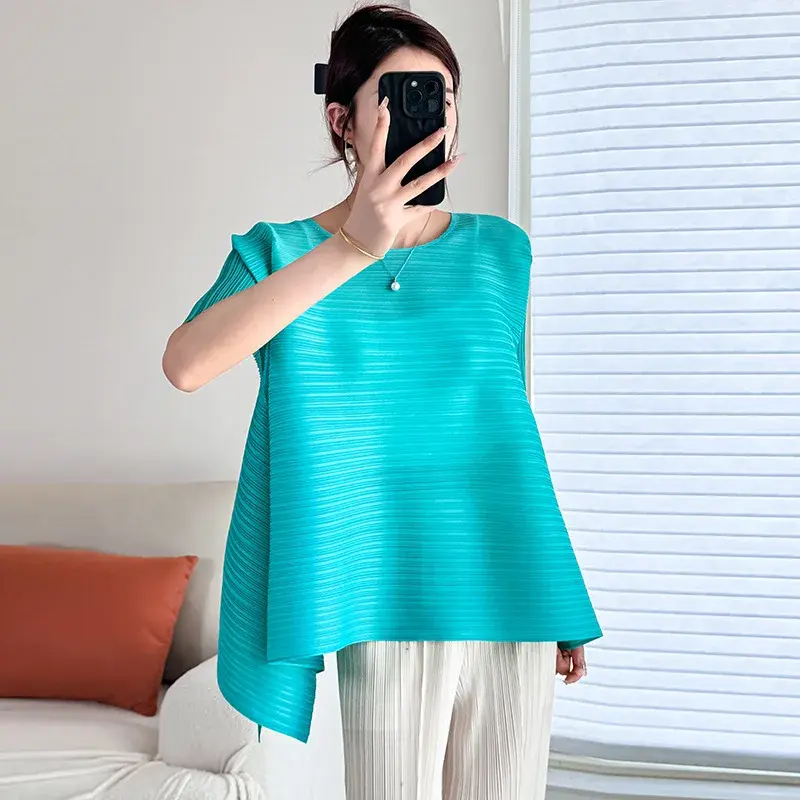 2025 Pleated High-End Loose T-Shirt Fashionable Slimming Versatile Meat-Covering Spring Summer Thin Women's Crew Neck Short Slee