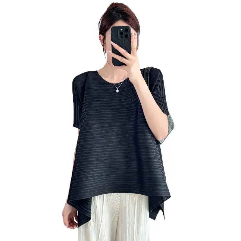 2025 Pleated High-End Loose T-Shirt Fashionable Slimming Versatile Meat-Covering Spring Summer Thin Women's Crew Neck Short Slee