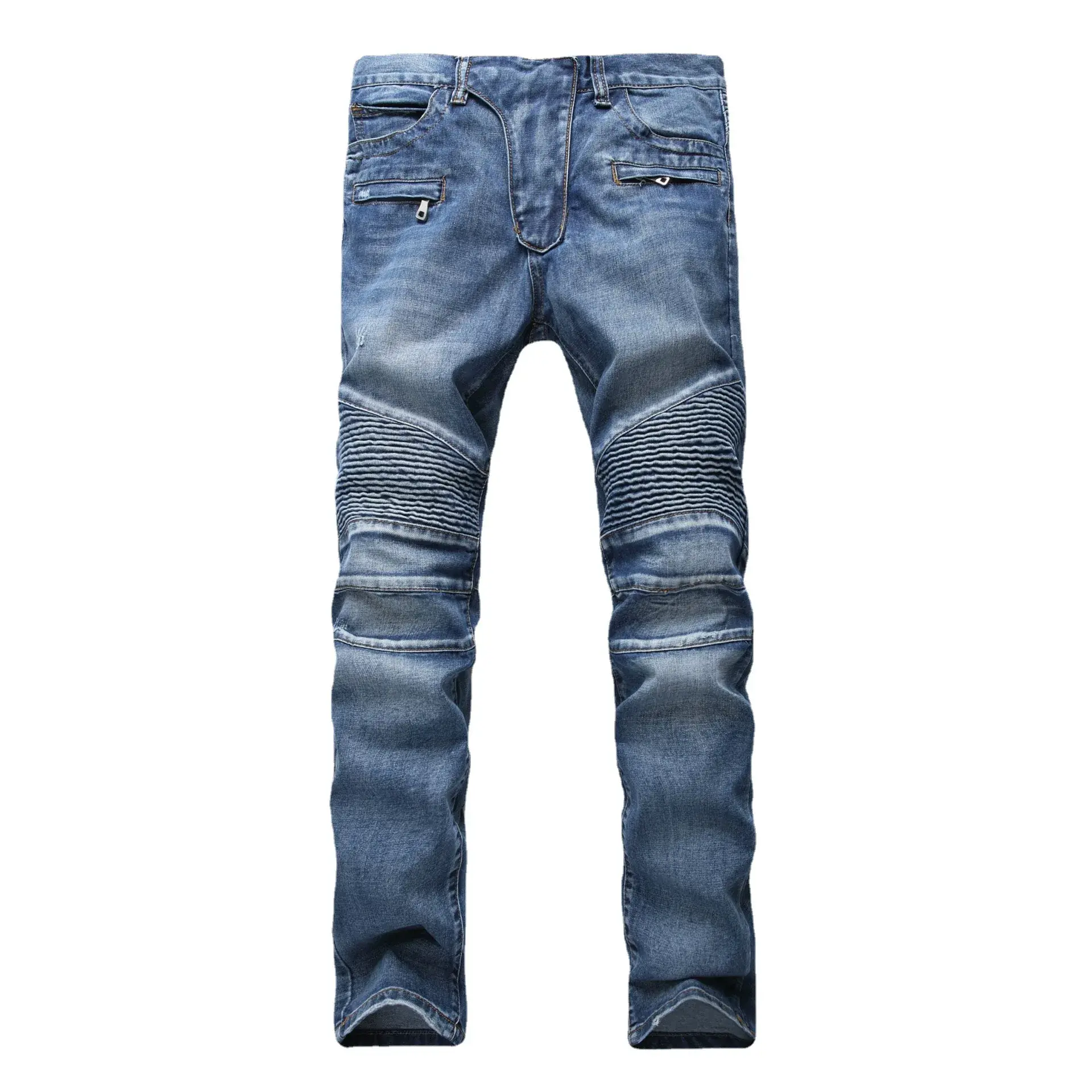 2024 Men's Lightweight Ripped Slim Fit Jeans Straight Leg Zippered Motorcycle Pants Casual Style Decorative Stitching