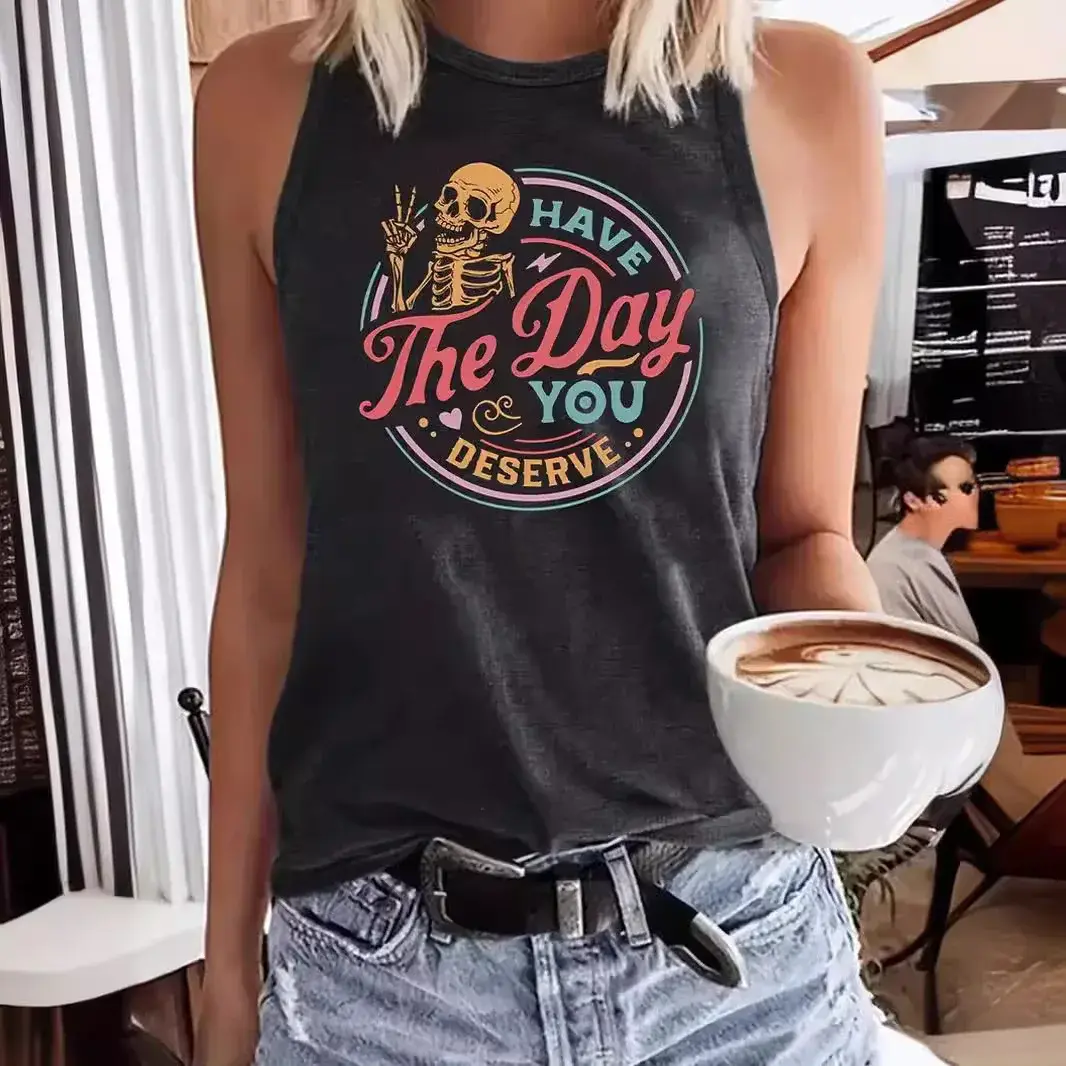 Amazon Best Selling Skull Letter Printing Round Neck T-Shirt Spring Summer Casual Sleeveless Top Foreign Trade Vest