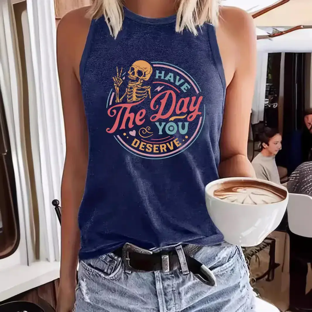 Amazon Best Selling Skull Letter Printing Round Neck T-Shirt Spring Summer Casual Sleeveless Top Foreign Trade Vest