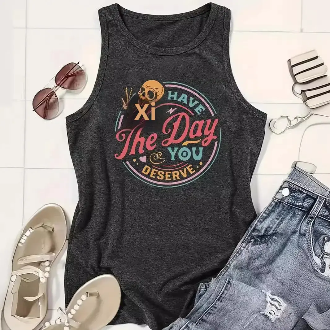 Amazon Best Selling Skull Letter Printing Round Neck T-Shirt Spring Summer Casual Sleeveless Top Foreign Trade Vest