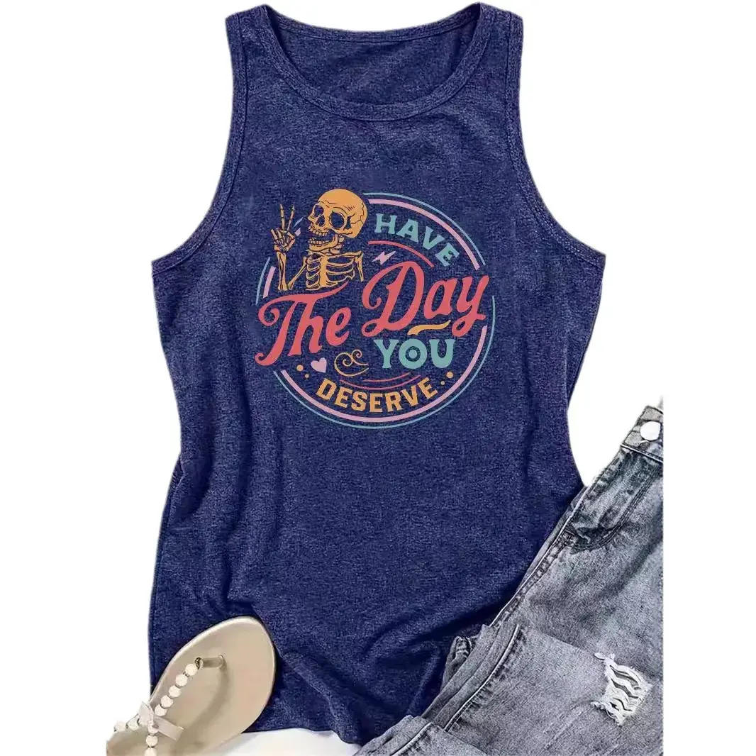 Amazon Best Selling Skull Letter Printing Round Neck T-Shirt Spring Summer Casual Sleeveless Top Foreign Trade Vest