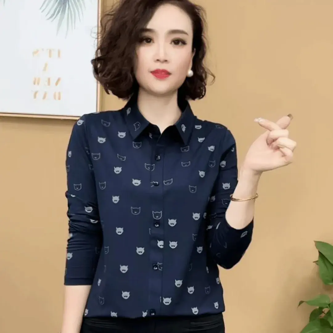 Autumn Hot Sale Of The Season Women's Long Sleeve Loose Fit Printed Shirt Fashionable Slimming Turn Collar Versatile Mommy Top P