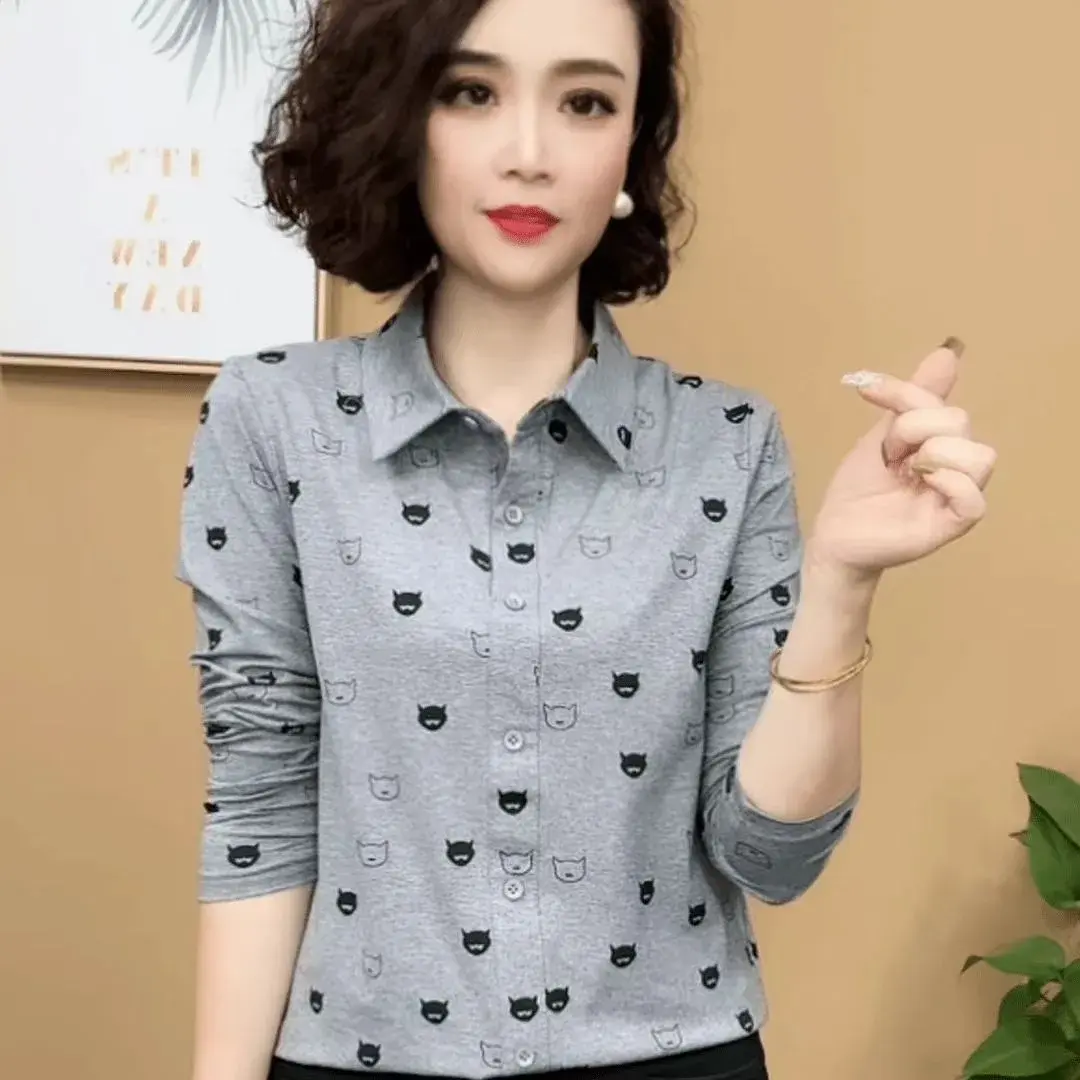 Autumn Hot Sale Of The Season Women's Long Sleeve Loose Fit Printed Shirt Fashionable Slimming Turn Collar Versatile Mommy Top P