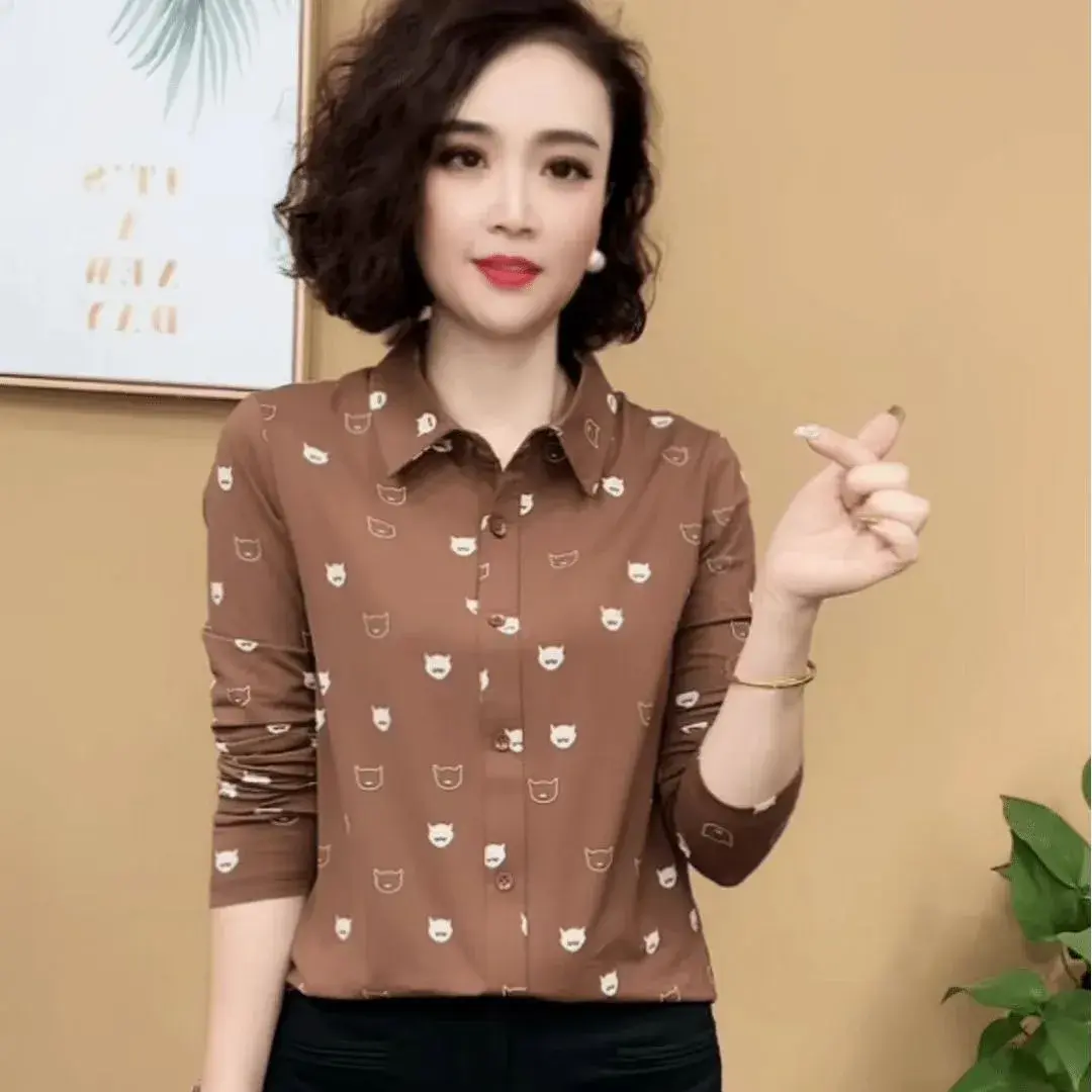 Autumn Hot Sale Of The Season Women's Long Sleeve Loose Fit Printed Shirt Fashionable Slimming Turn Collar Versatile Mommy Top P