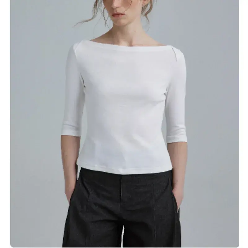 Retro Boat Neck Half Sleeve T-Shirt Minimalist Commute Top Summer New Arrival Women's Fashion Polyester Fiber Regular Sleeve