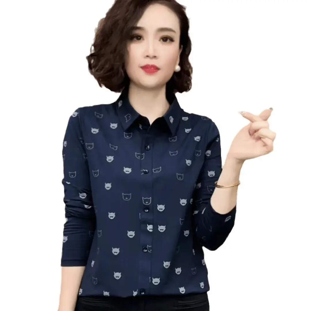Autumn Hot Sale Of The Season Women's Long Sleeve Loose Fit Printed Shirt Fashionable Slimming Turn Collar Versatile Mommy Top P