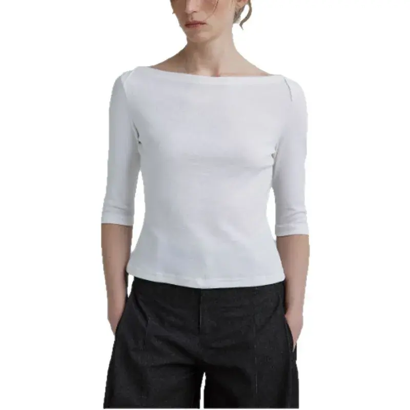 Retro Boat Neck Half Sleeve T-Shirt Minimalist Commute Top Summer New Arrival Women's Fashion Polyester Fiber Regular Sleeve
