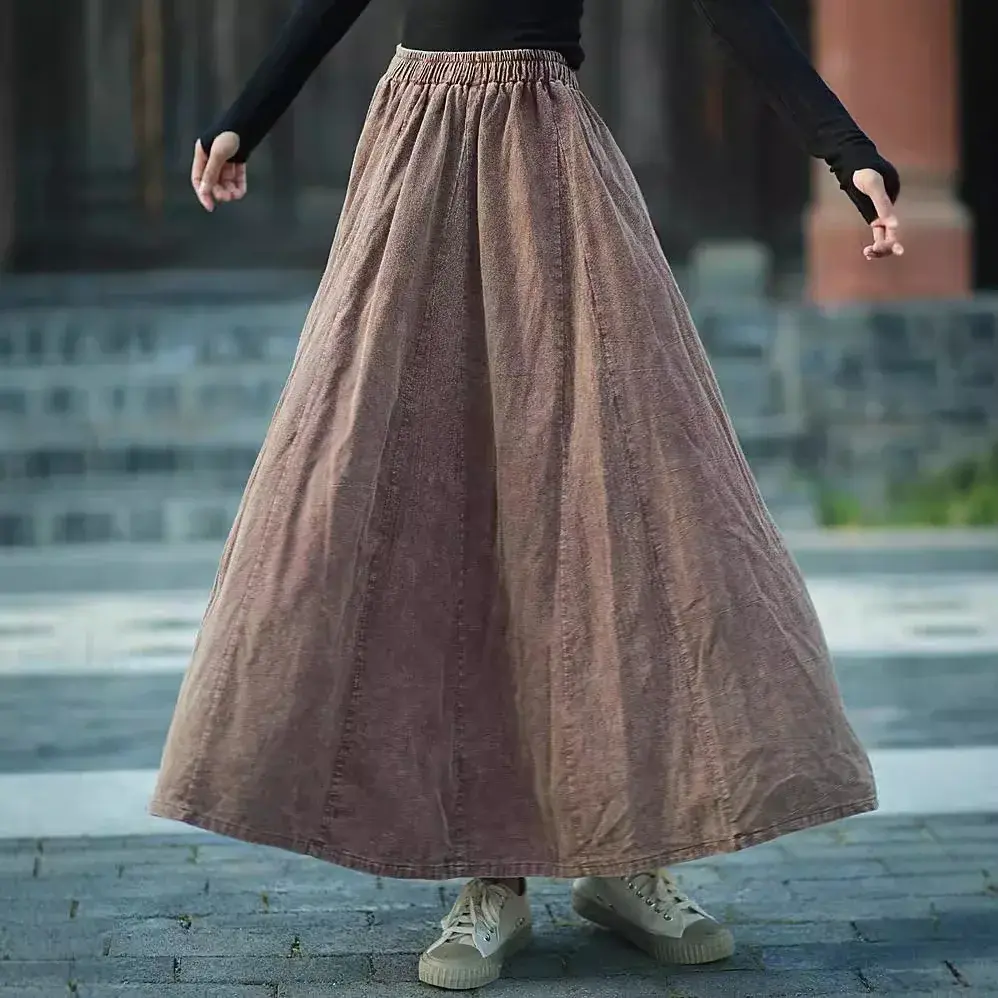 Autumn New Style Small Warm Handmade Retro Artistic Colorful Cotton Linen Half Skirt Elastic Waist Midi Skirt for Women