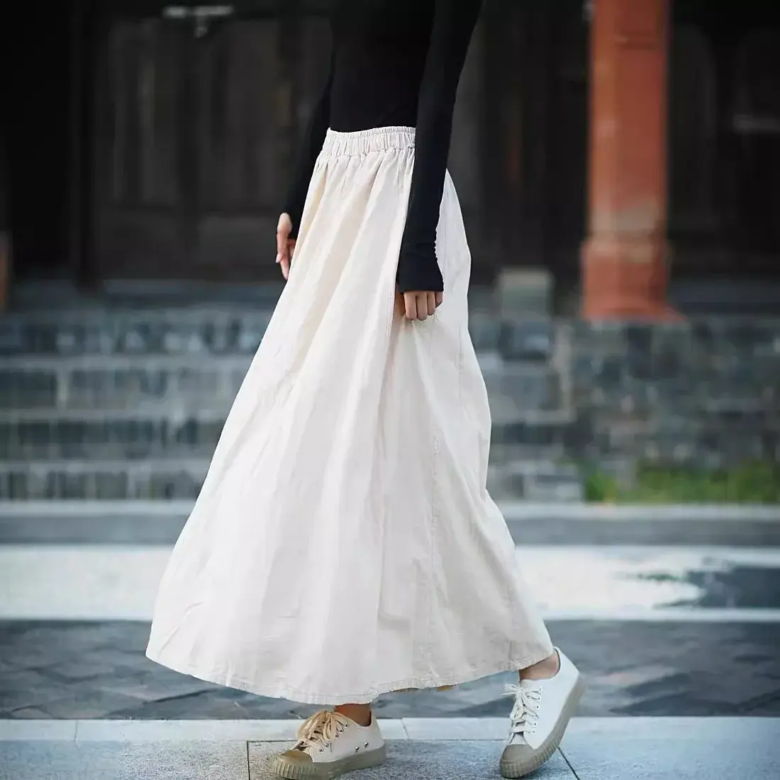 Autumn New Style Small Warm Handmade Retro Artistic Colorful Cotton Linen Half Skirt Elastic Waist Midi Skirt for Women