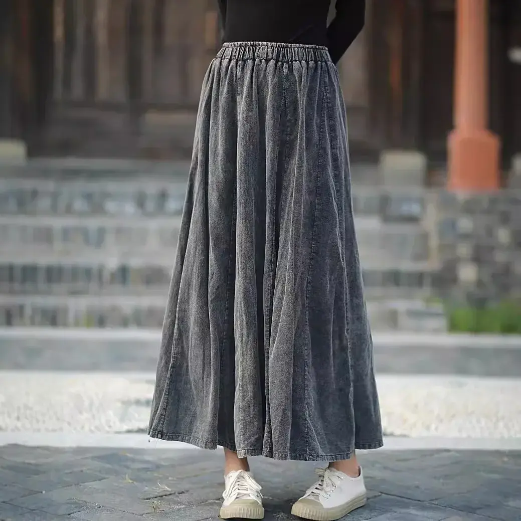 Autumn New Style Small Warm Handmade Retro Artistic Colorful Cotton Linen Half Skirt Elastic Waist Midi Skirt for Women