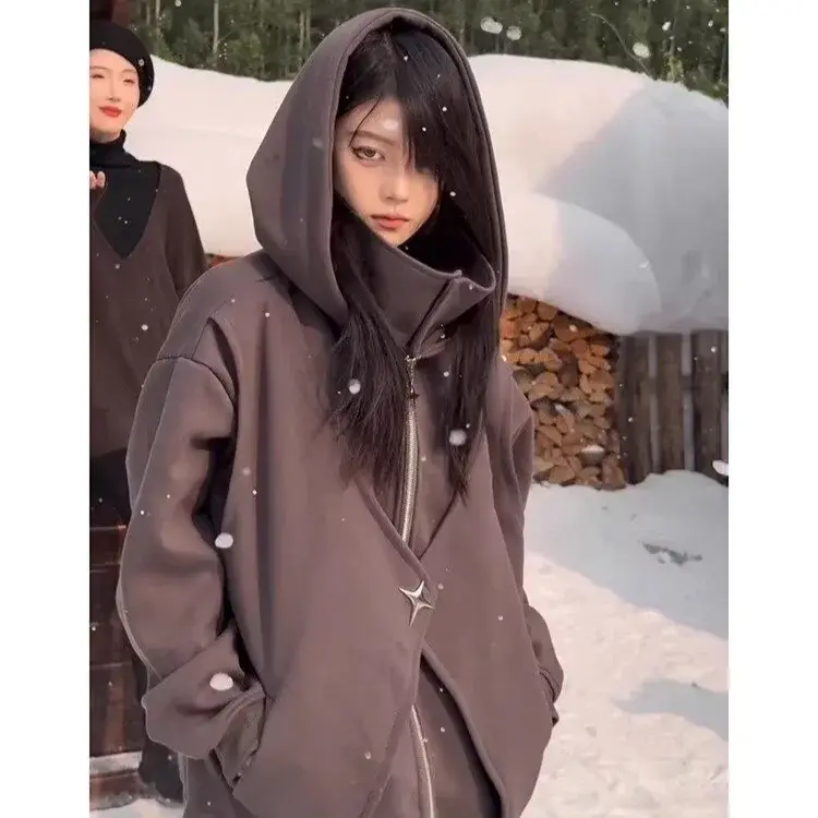 Autumn Winter Vintage Streetwear Zippered Two-Piece Illusion Loose Fit Polo/Turtle Neck Hooded Sweatshirt Jacket For Men And Wom