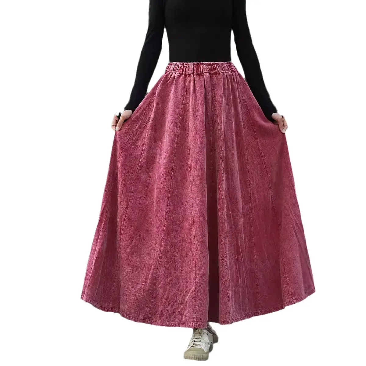 Autumn New Style Small Warm Handmade Retro Artistic Colorful Cotton Linen Half Skirt Elastic Waist Midi Skirt for Women
