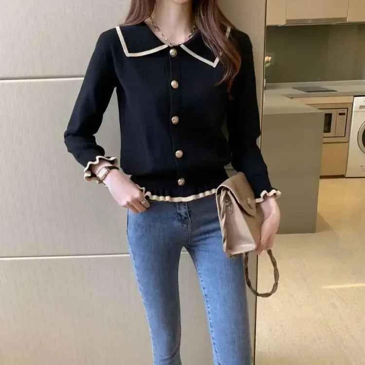 Slim Fit Short Knitted Sweater for Women Long Sleeve Polo Collar Thin Autumn Fashion Outerwear Jacket Cardigan Casual Top
