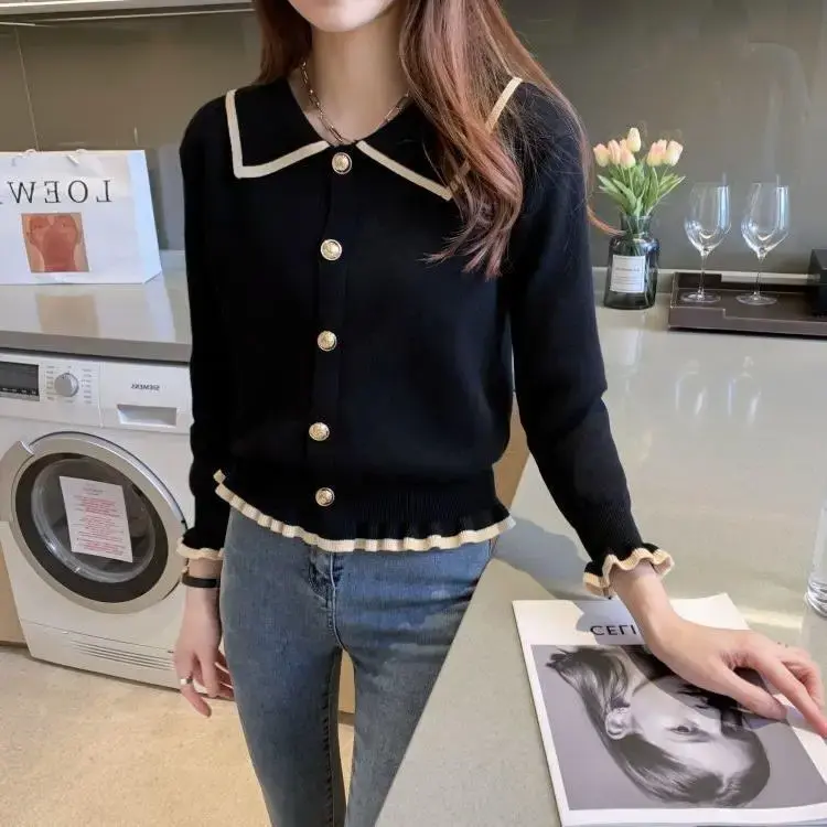 Slim Fit Short Knitted Sweater for Women Long Sleeve Polo Collar Thin Autumn Fashion Outerwear Jacket Cardigan Casual Top