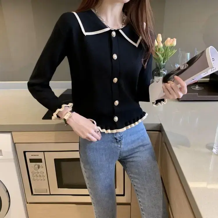 Slim Fit Short Knitted Sweater for Women Long Sleeve Polo Collar Thin Autumn Fashion Outerwear Jacket Cardigan Casual Top