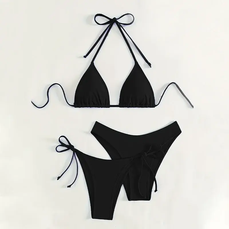 Sexy Bikini Pure Color Hanging Neck Triangle Cup Swimsuit Two-Piece Set Swimwear Trendy Casual Comfortable Breathable Short Slee