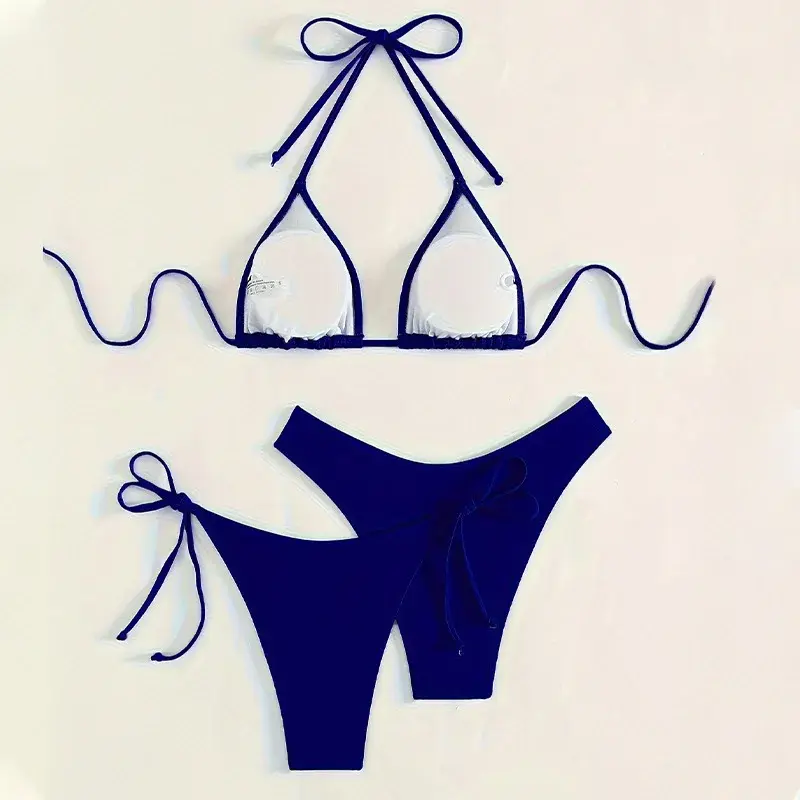 Sexy Bikini Pure Color Hanging Neck Triangle Cup Swimsuit Two-Piece Set Swimwear Trendy Casual Comfortable Breathable Short Slee
