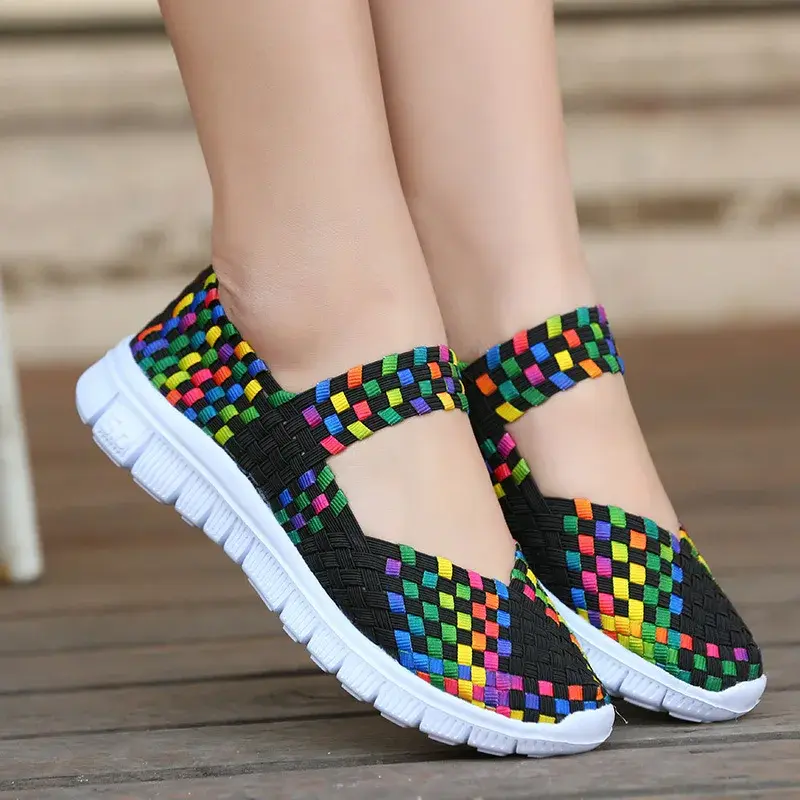 Handwoven Elastic Band Women's Flat Shoes Summer Slip-On Beijing Style Cloth Shoes Large Size Flat Bottom Mom Shoes Sandals