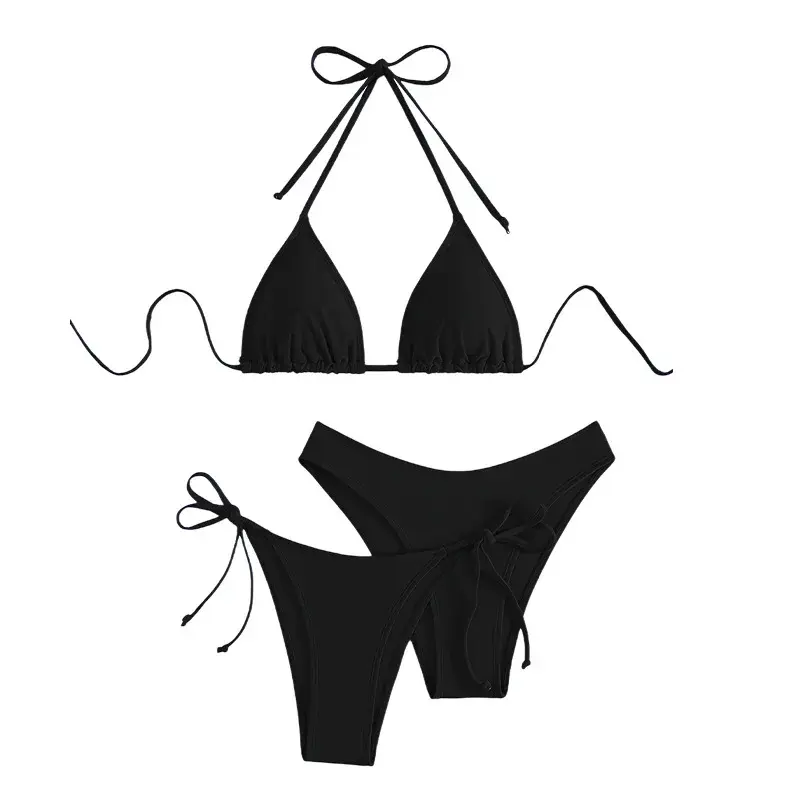 Sexy Bikini Pure Color Hanging Neck Triangle Cup Swimsuit Two-Piece Set Swimwear Trendy Casual Comfortable Breathable Short Slee