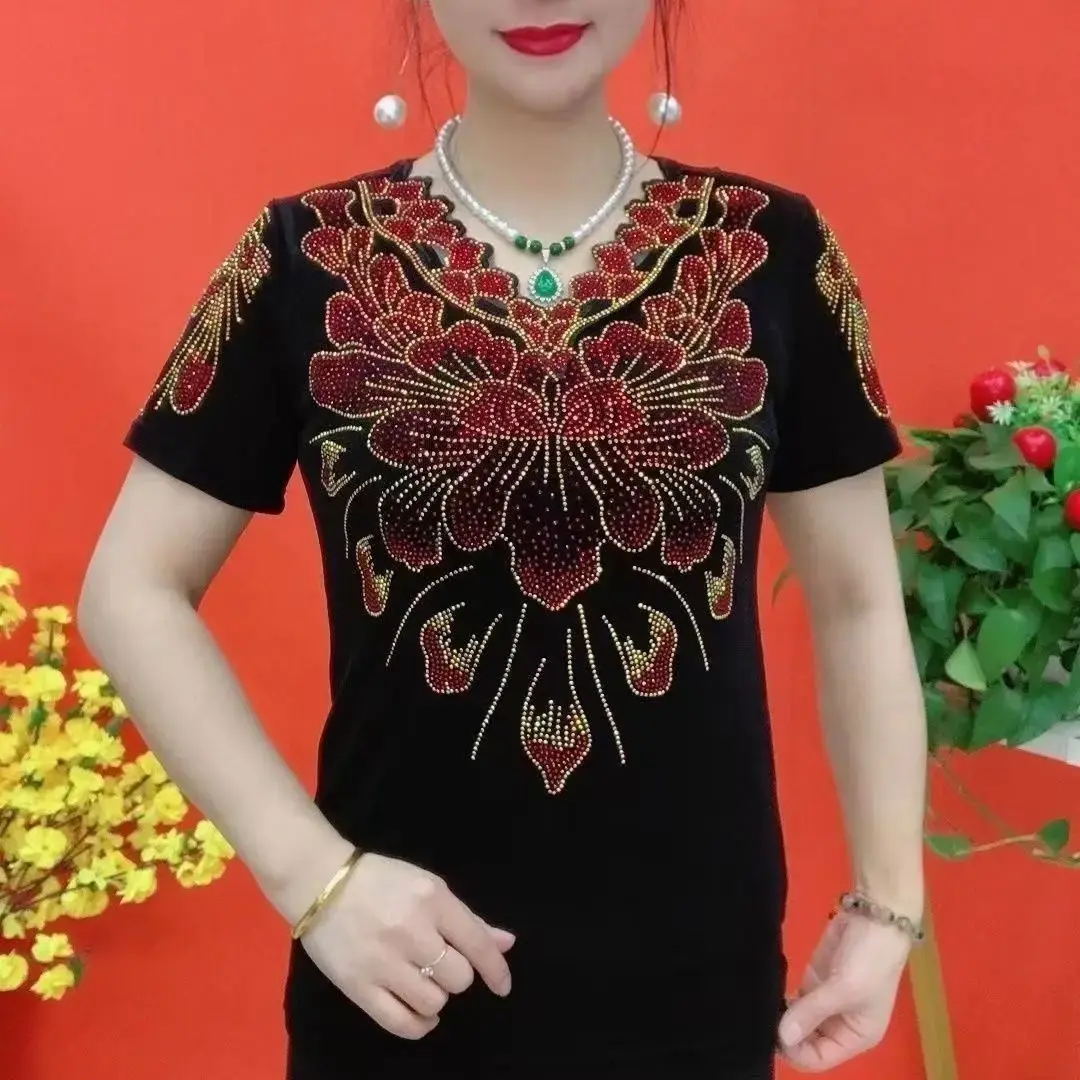 Heavy-Embroidered Short-Sleeve T-Shirt Women's Summer New Loose Fashionable Belly-Covering Top Mommy's Clothing Small Shirt