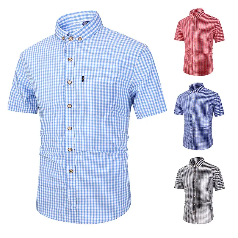 High-end Men's Plaid Shirt Breathable Cotton Casual Slim Fit Square Collar Short Sleeves Summer Wear Top Jacket