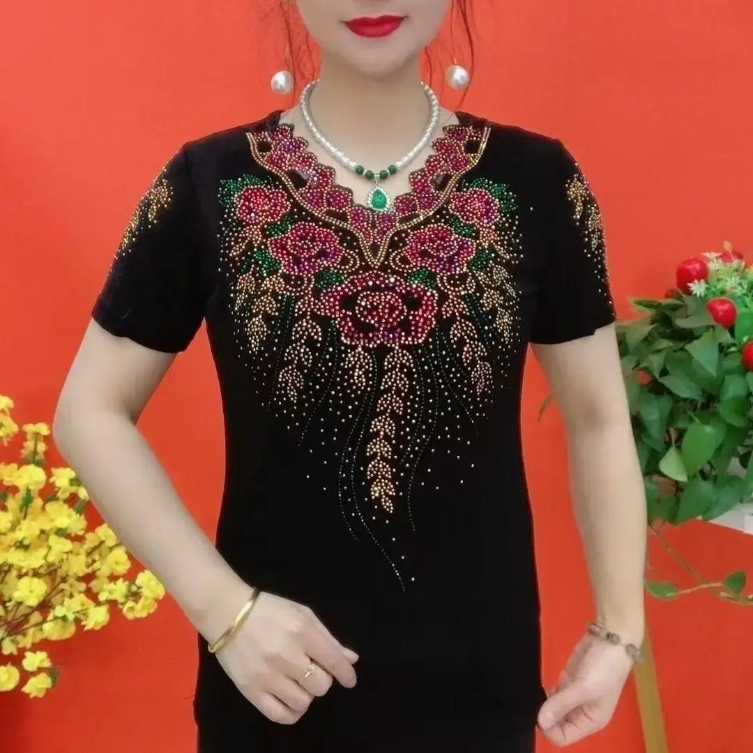 Heavy-Embroidered Short-Sleeve T-Shirt Women's Summer New Loose Fashionable Belly-Covering Top Mommy's Clothing Small Shirt