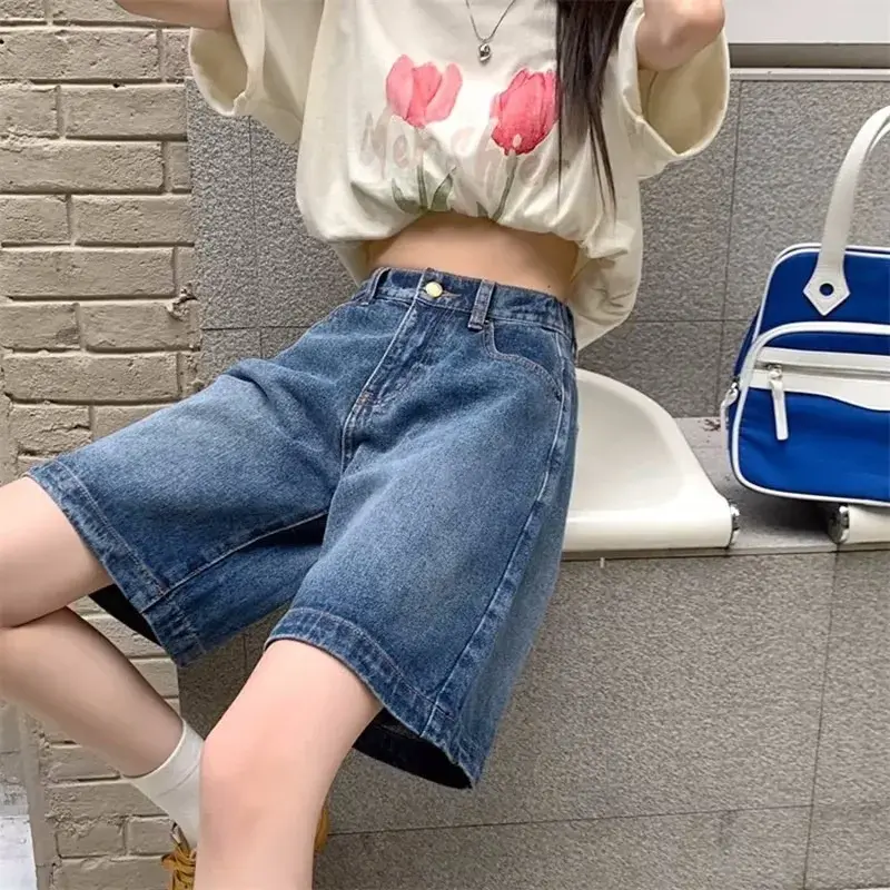 Retro Women's Elastic Waist Five-Point Shorts Loose Versatile Summer Slimming Wide Leg Pants High Waist Straight Jeans