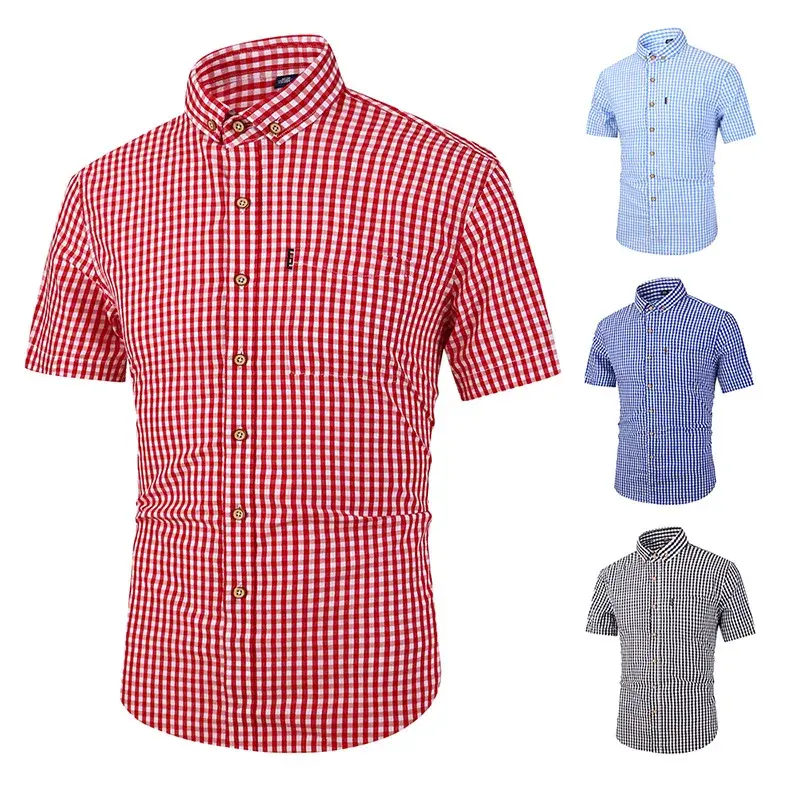 High-end Men's Plaid Shirt Breathable Cotton Casual Slim Fit Square Collar Short Sleeves Summer Wear Top Jacket