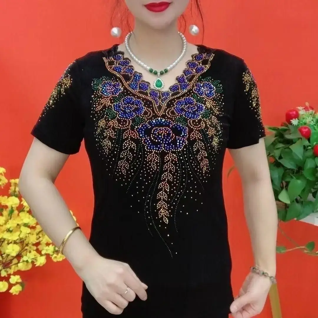 Heavy-Embroidered Short-Sleeve T-Shirt Women's Summer New Loose Fashionable Belly-Covering Top Mommy's Clothing Small Shirt