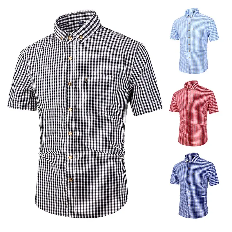 High-end Men's Plaid Shirt Breathable Cotton Casual Slim Fit Square Collar Short Sleeves Summer Wear Top Jacket