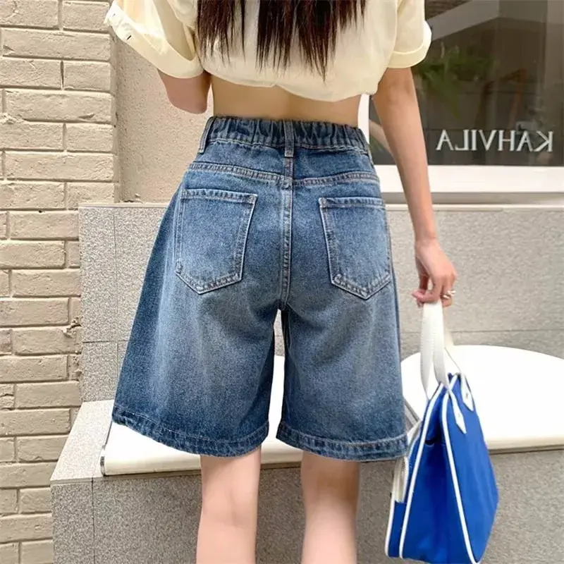 Retro Women's Elastic Waist Five-Point Shorts Loose Versatile Summer Slimming Wide Leg Pants High Waist Straight Jeans