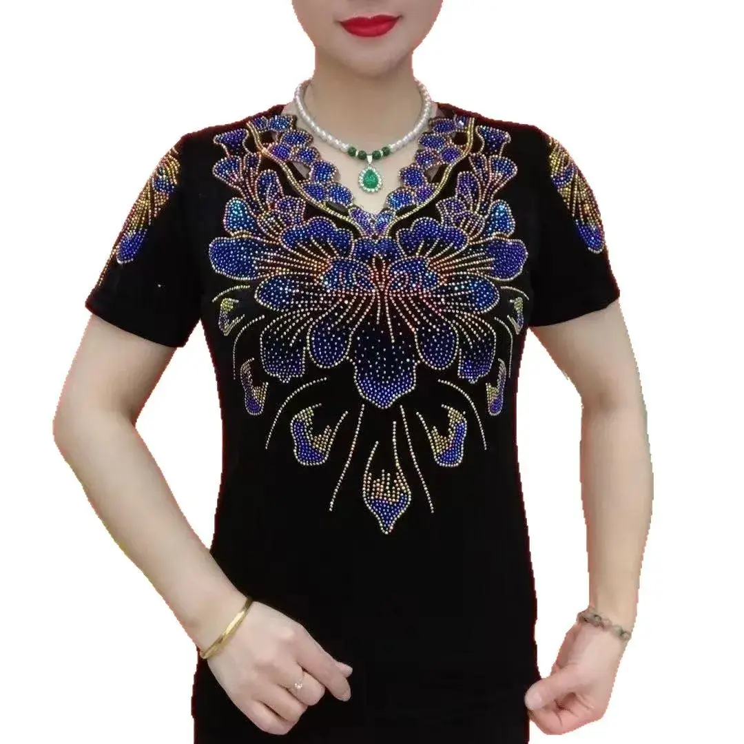 Heavy-Embroidered Short-Sleeve T-Shirt Women's Summer New Loose Fashionable Belly-Covering Top Mommy's Clothing Small Shirt