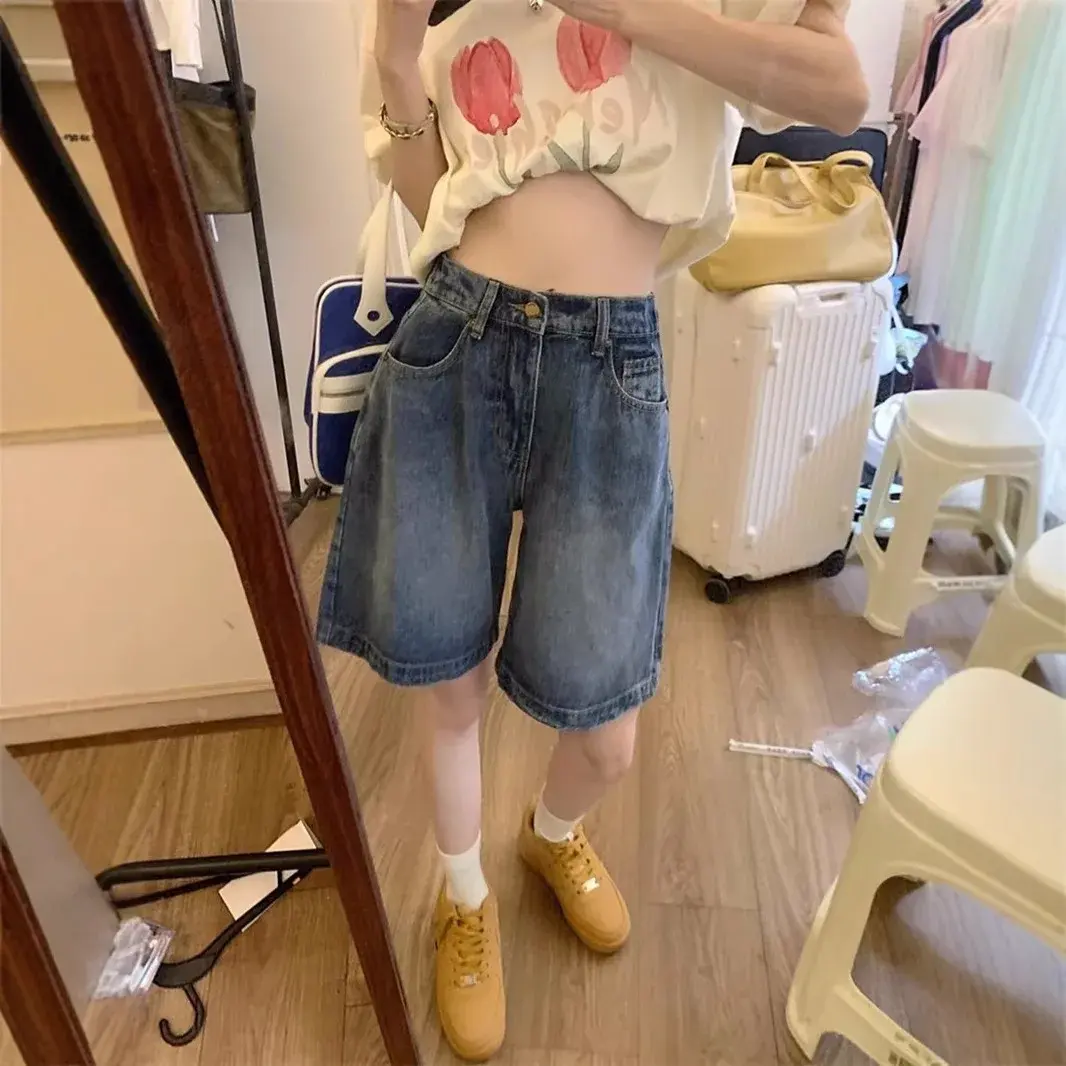 Retro Women's Elastic Waist Five-Point Shorts Loose Versatile Summer Slimming Wide Leg Pants High Waist Straight Jeans