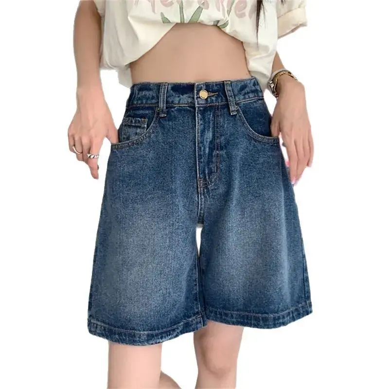 Retro Women's Elastic Waist Five-Point Shorts Loose Versatile Summer Slimming Wide Leg Pants High Waist Straight Jeans