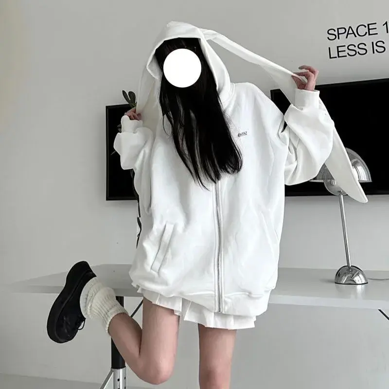 Cute Rabbit Ear Hooded Fleece-lined Sweatshirt Women's Spring/autumn Thin Idle Style Loose-fit Versatile Cardigan Jacket Trendy
