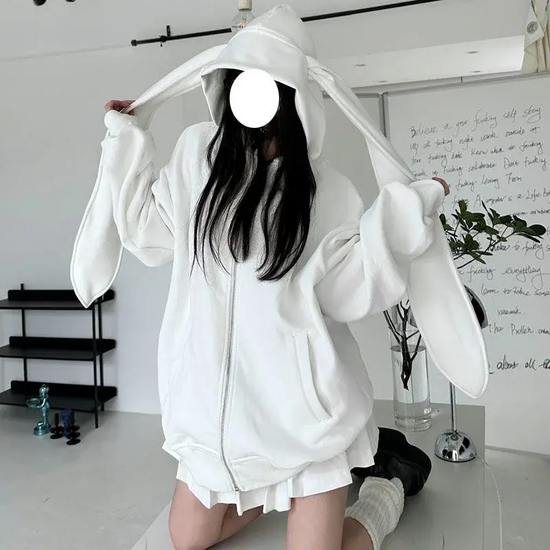 Cute Rabbit Ear Hooded Fleece-lined Sweatshirt Women's Spring/autumn Thin Idle Style Loose-fit Versatile Cardigan Jacket Trendy