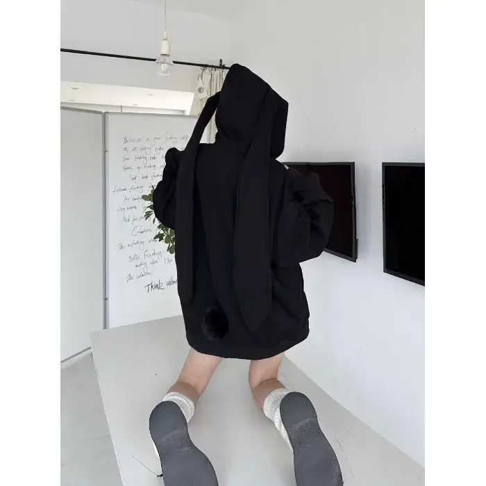Detachable Rabbit Ears Purple Hooded Sweatshirt Women's Loose-Fit Long Sleeve Cardigan Jacket Trendy Autumn Winter 2024