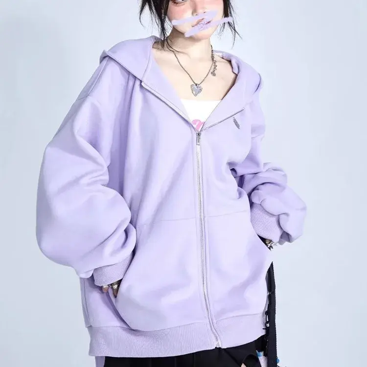 Detachable Rabbit Ears Purple Hooded Sweatshirt Women's Loose-Fit Long Sleeve Cardigan Jacket Trendy Autumn Winter 2024
