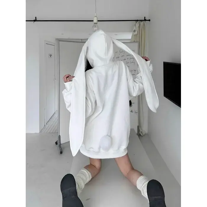 Detachable Rabbit Ears Purple Hooded Sweatshirt Women's Loose-Fit Long Sleeve Cardigan Jacket Trendy Autumn Winter 2024
