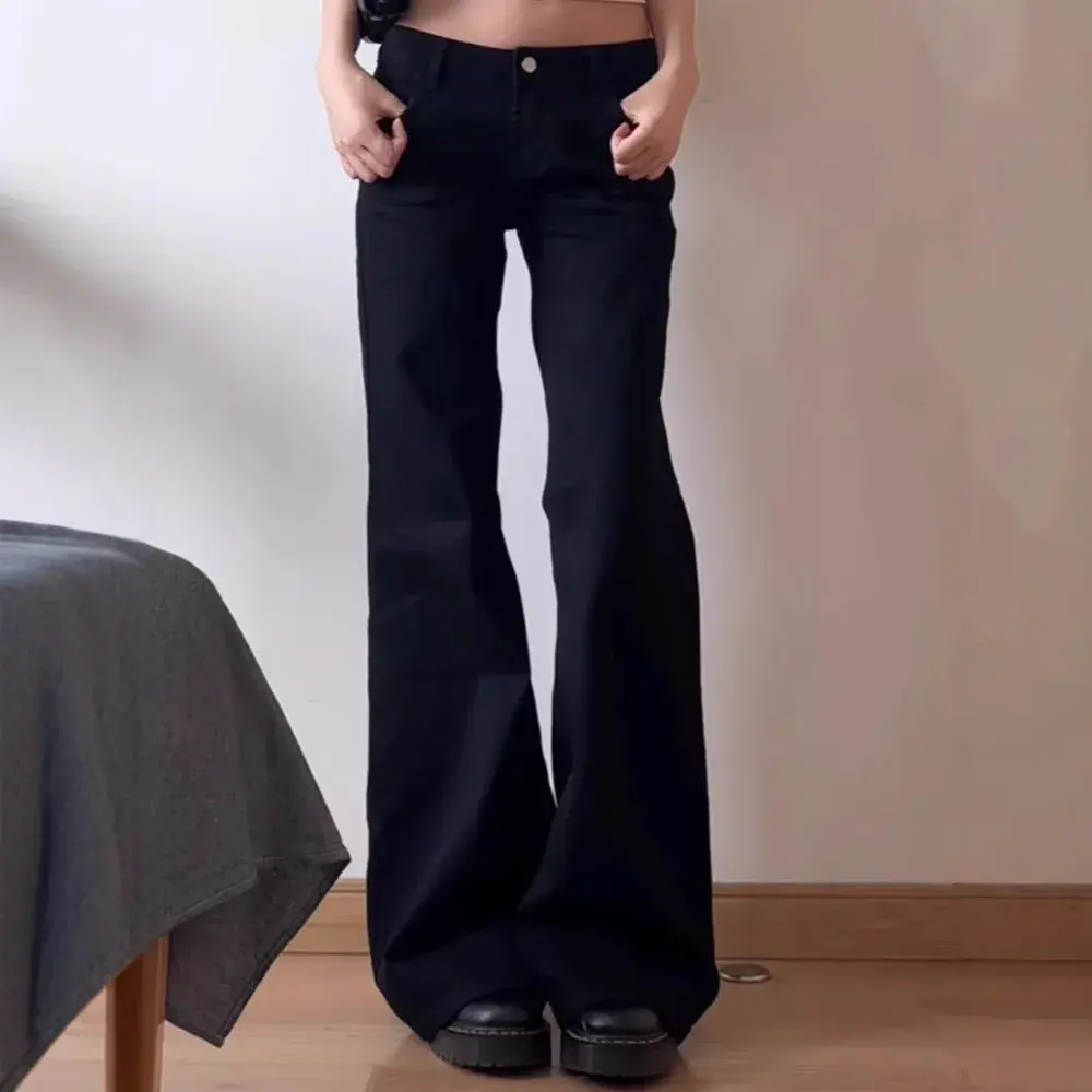Plus Size American Style Spicy Girl Black Low Waist Wide Leg Micro Flared Jeans Women's Early Autumn Loose Fit Versatile Straigh