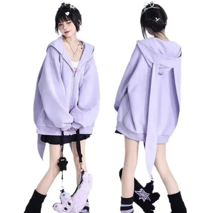 Detachable Rabbit Ears Purple Hooded Sweatshirt Women's Loose-Fit Long Sleeve Cardigan Jacket Trendy Autumn Winter 2024