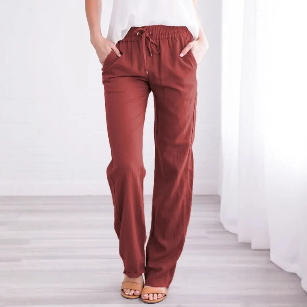 Spring Summer Women's Loose Wide Leg Cotton Linen Drawstring Casual Trousers Monochromatic Independent Station E-commerce