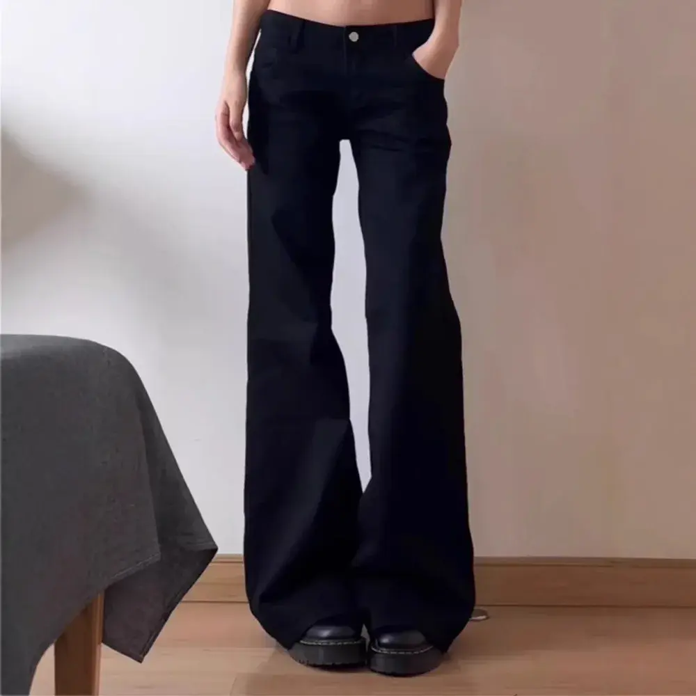 Plus Size American Style Spicy Girl Black Low Waist Wide Leg Micro Flared Jeans Women's Early Autumn Loose Fit Versatile Straigh