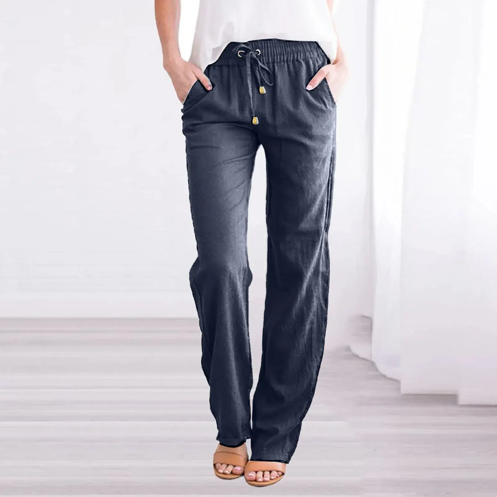Spring Summer Women's Loose Wide Leg Cotton Linen Drawstring Casual Trousers Monochromatic Independent Station E-commerce