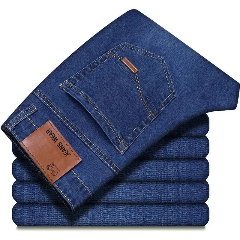 Korean Style Men's Jeans Thickened Elastic Slim Fit High Waist Straight Leg Loose Fit Casual Plus Size Youth Workwear