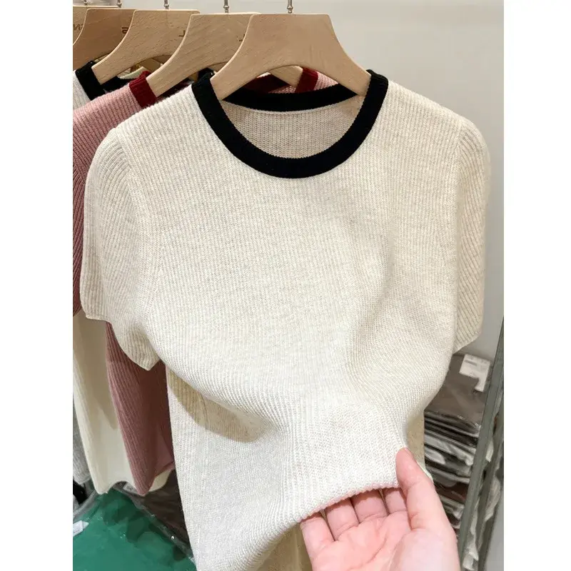 Elegant Short Sleeve Knitted Top Women's Summer Fashion Slim Fit Base Shirt Color Block French Style Casual Crew Neck T-Shirt